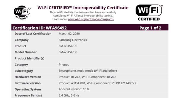 三星Galaxy A31取得WiFi聯盟認證（圖源91Mobiles）