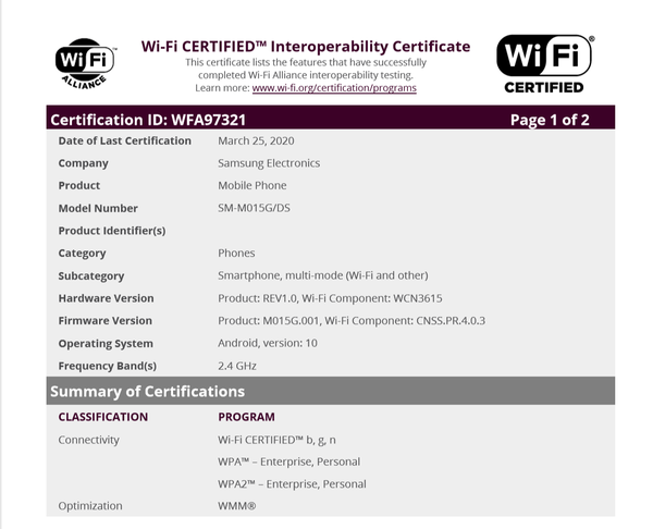 三星Galaxy M01取得WiFi聯(lián)盟認證